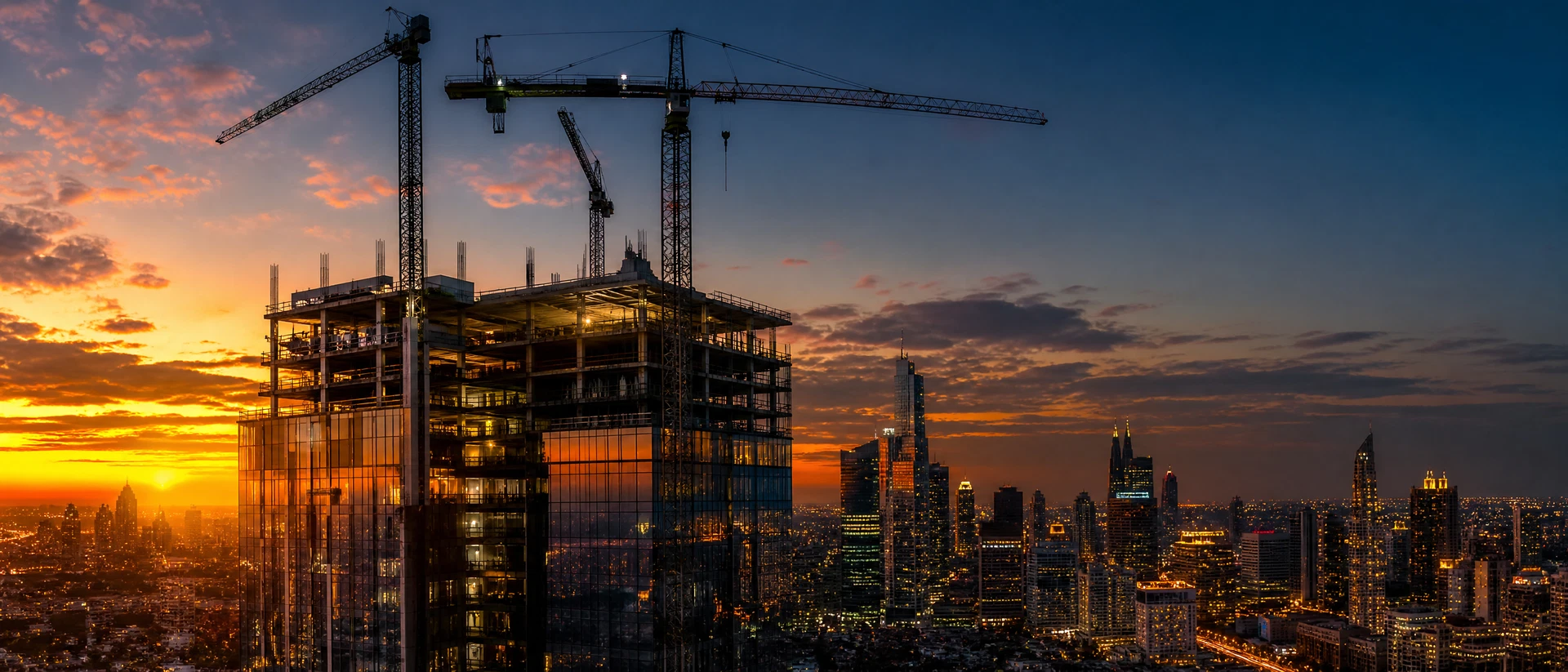 Modern high-rise under construction at dusk